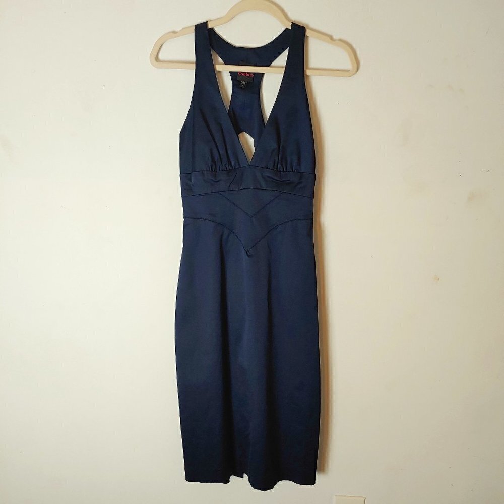 Bebe Pencil Dress Women's size S Midnight Blue Plunging Neckline - NEW